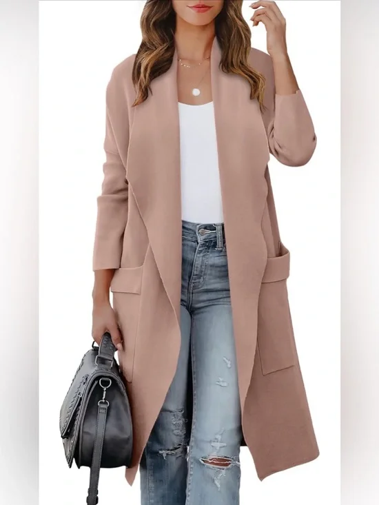 Women's Long Open Front Coatigan - Blush - Picture 1 of 4